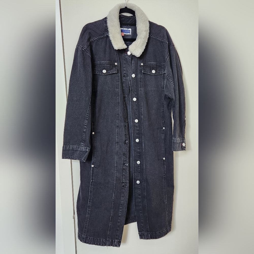 Anthropologie Pilcro Longline Sherpa Collar Denim Jacket Duster Washed Black M